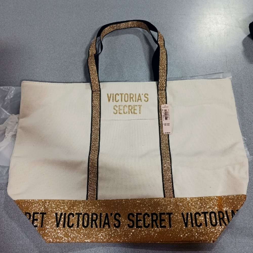NWT Victoria’s Secret Overnight Canvas Tote Bag Carryon Zip Tan Gold Glitter New